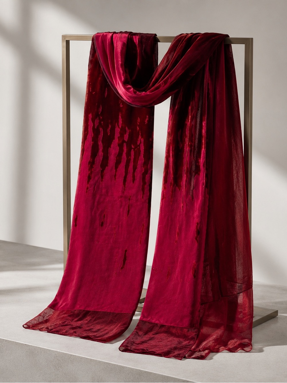 Crimson red burnt velvet and chiffon long scarf